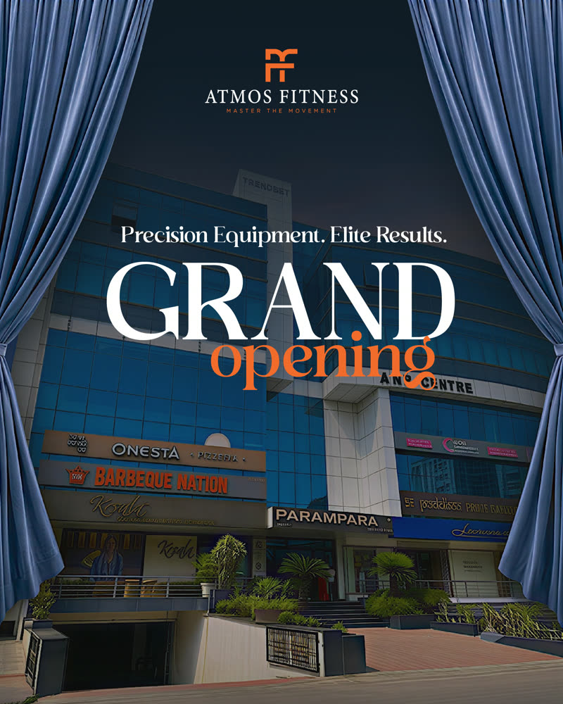 ATMOS FITNESS grand opening announcement — stage curtains parting to reveal the ANR Centre and Trendset building, captioned Precision Equipment. Elite Results.