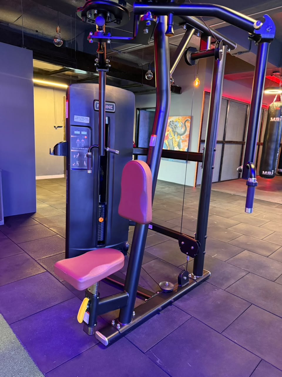 Kettlebells lined up on a rack under blue lighting