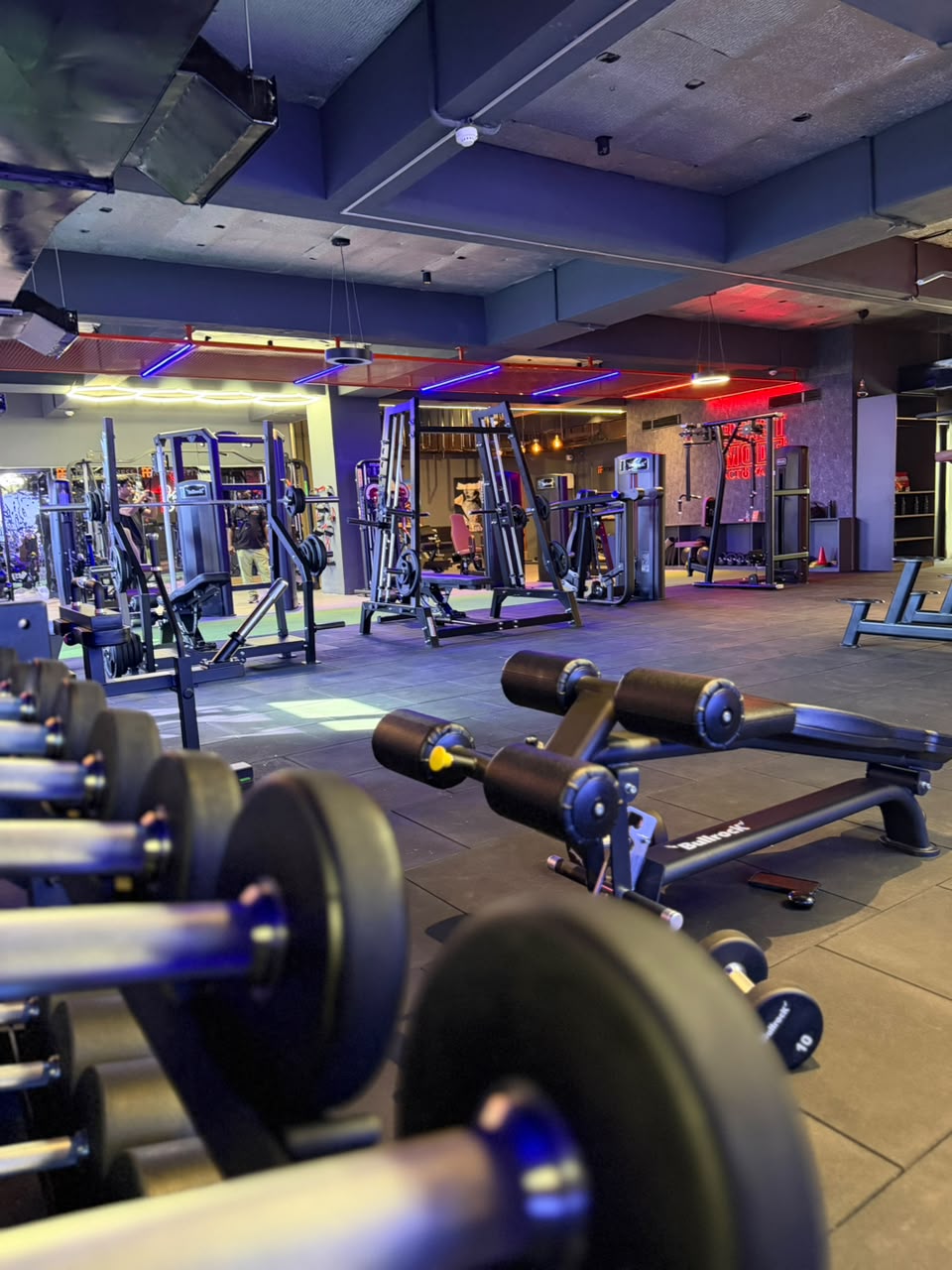 Dumbbell rack closeup under blue and red lighting